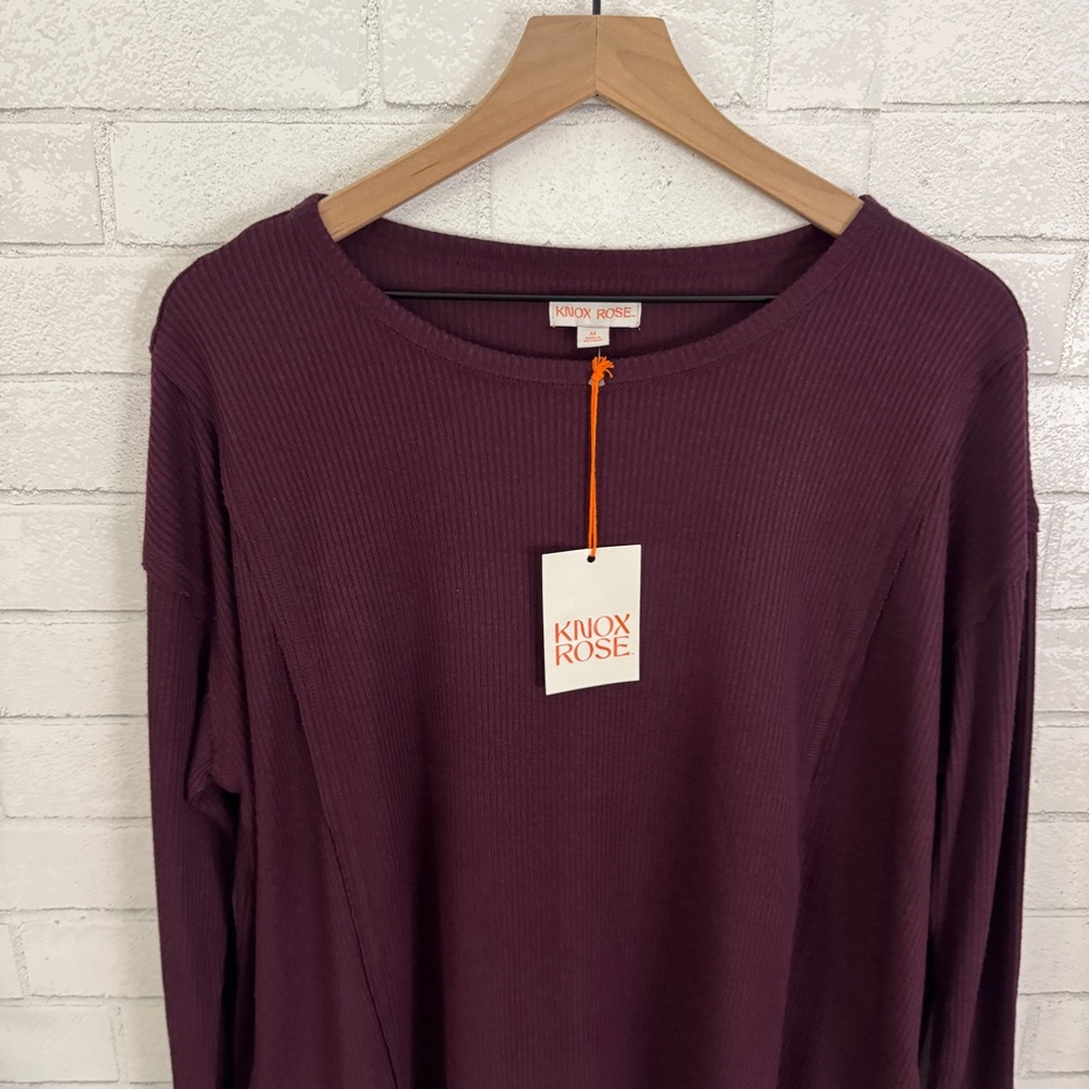 KNOX ROSE Ribbed Knit Dark Purple Loose Fit Long Sleeve Top - Picture 2 of 8